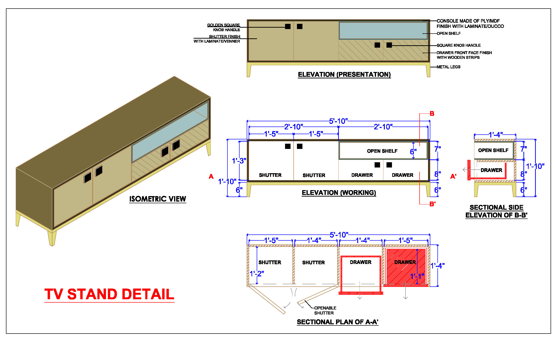 TV Console AutoCAD DWG- Laminate, Wood, and Metal Design